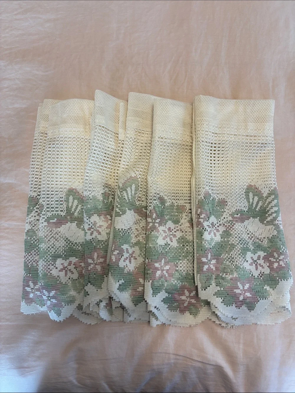 Vintage white SET of 3 pink green Heritage Lace Valance Floral Hummingbird Bird